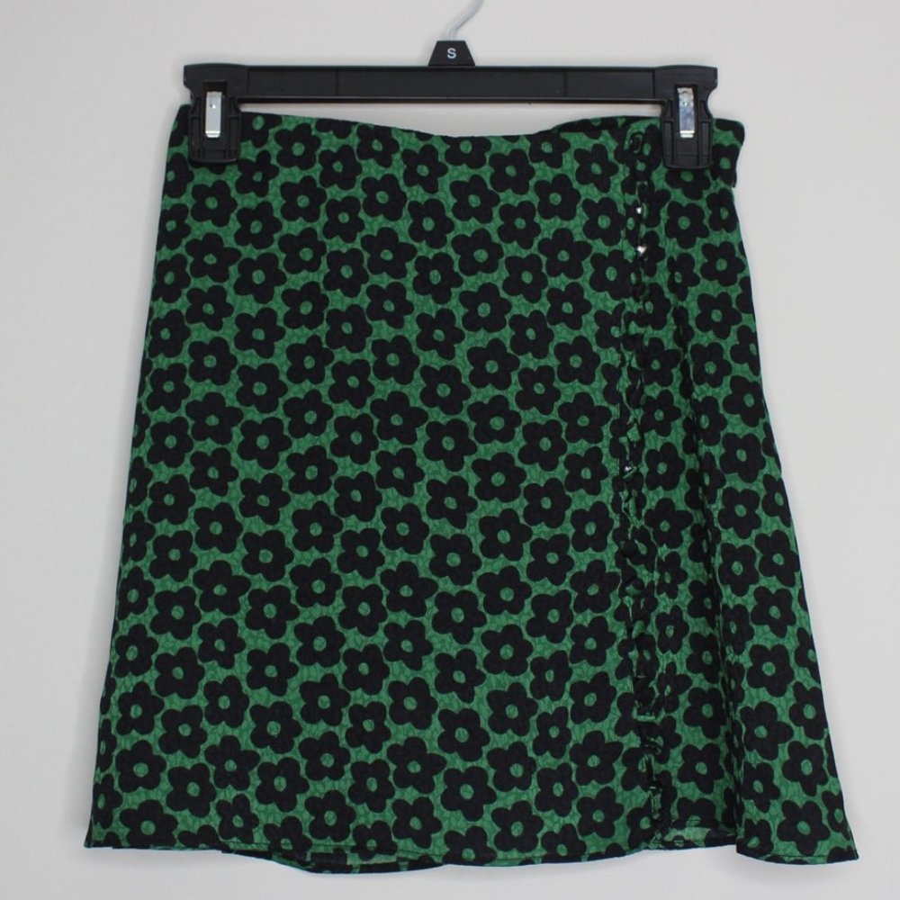 Urban Outfitters Chiffon Button Mini Skirt Y2K Floral Print Green Black Size S